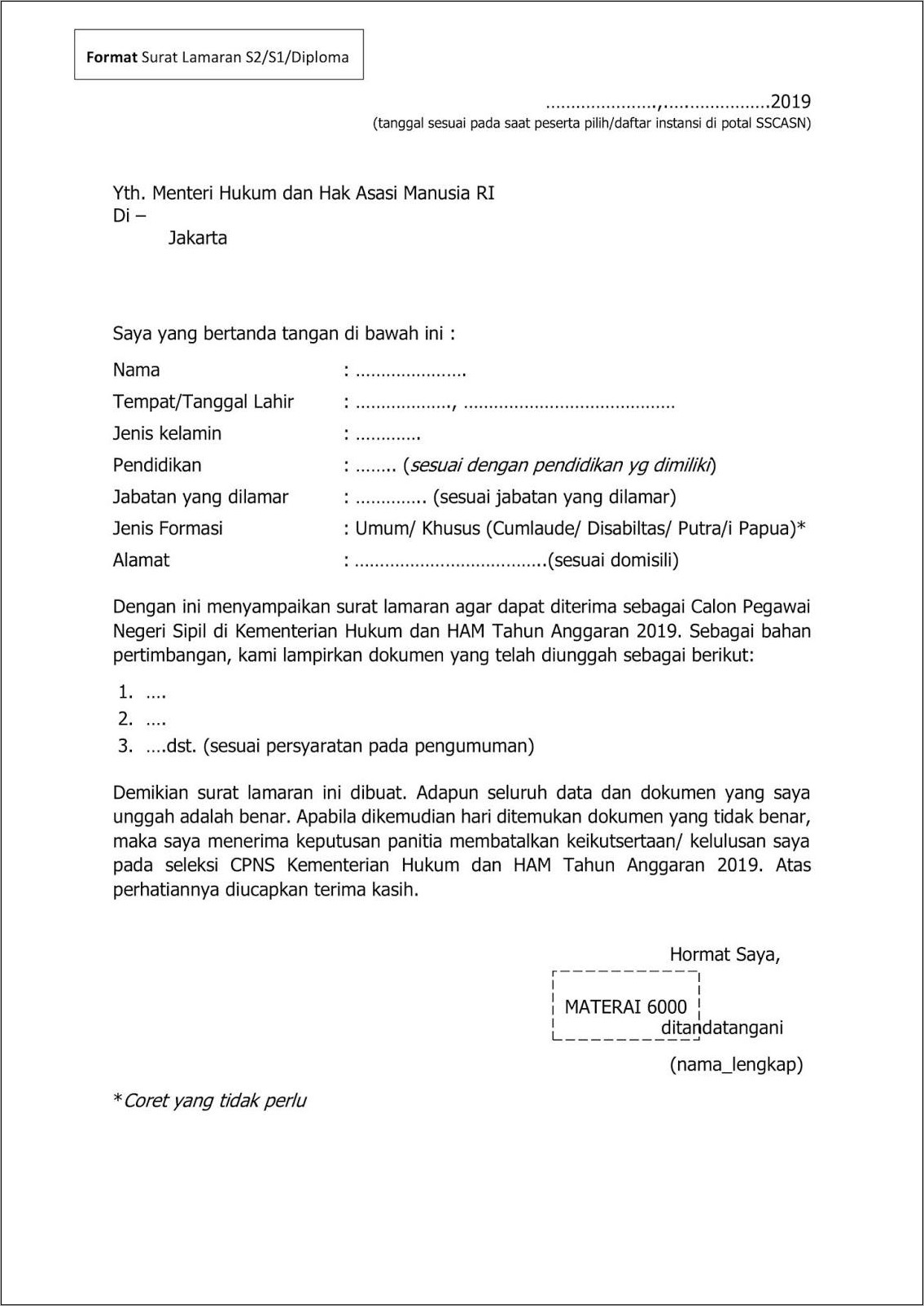 Contoh Format Surat Lamaran Cpns Dan Surat Pernyataan 2019