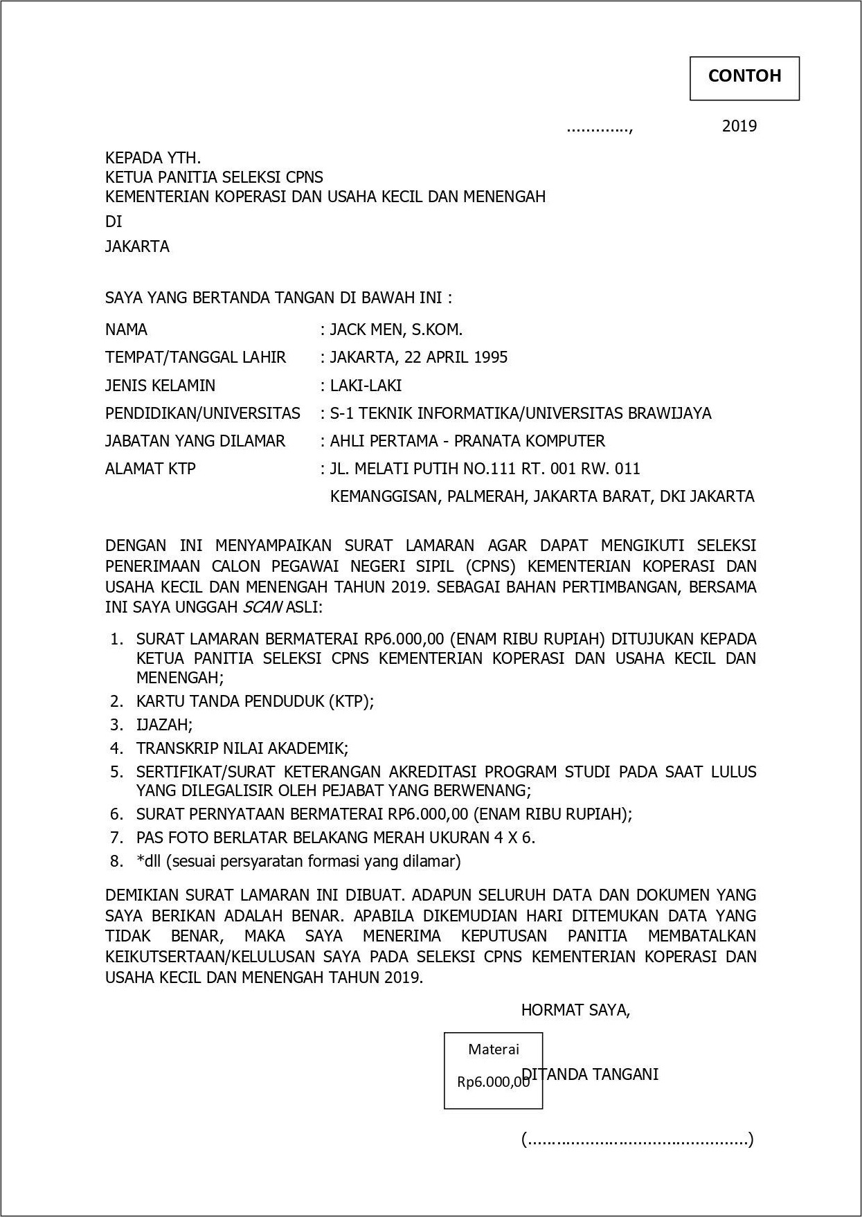 Contoh Format Surat Lamaran Kementerian Ketenagakerjaan Cpns 2019