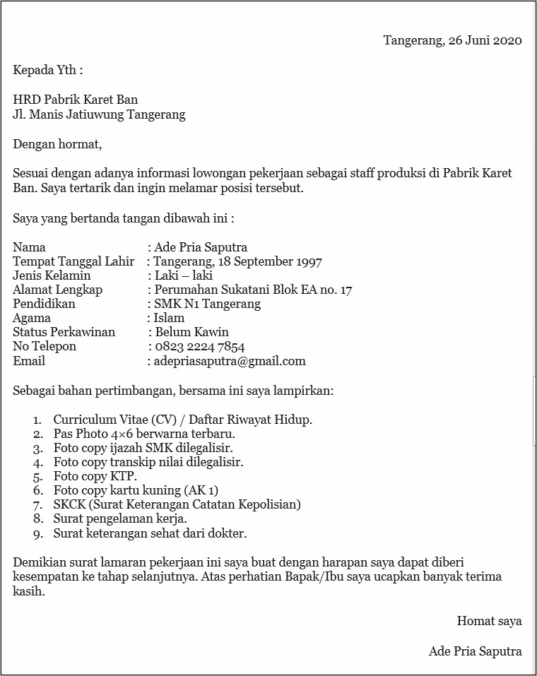 Contoh Format Surat Lamaran Kerja Dan Daftar Riwayat Hidup