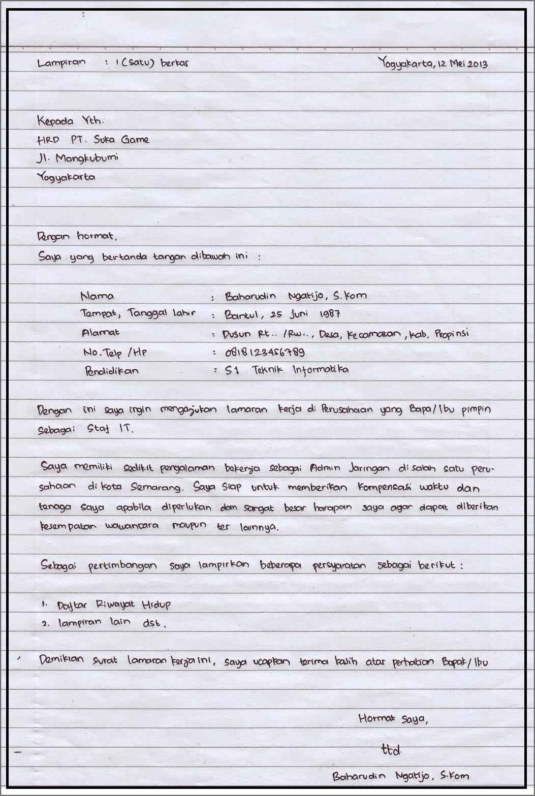 Contoh Format Surat Lamaran Kerja Tulis Tangan