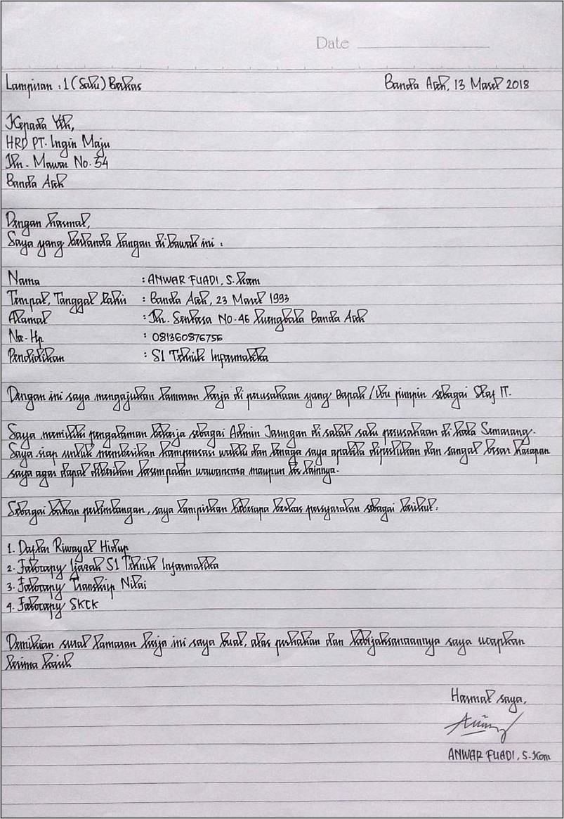 Contoh Format Surat Lamaran Tulis Tangan