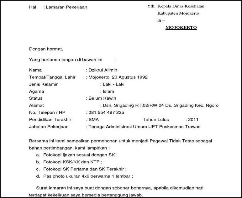 Contoh Kop Surat Lamaran Kerja Dinas