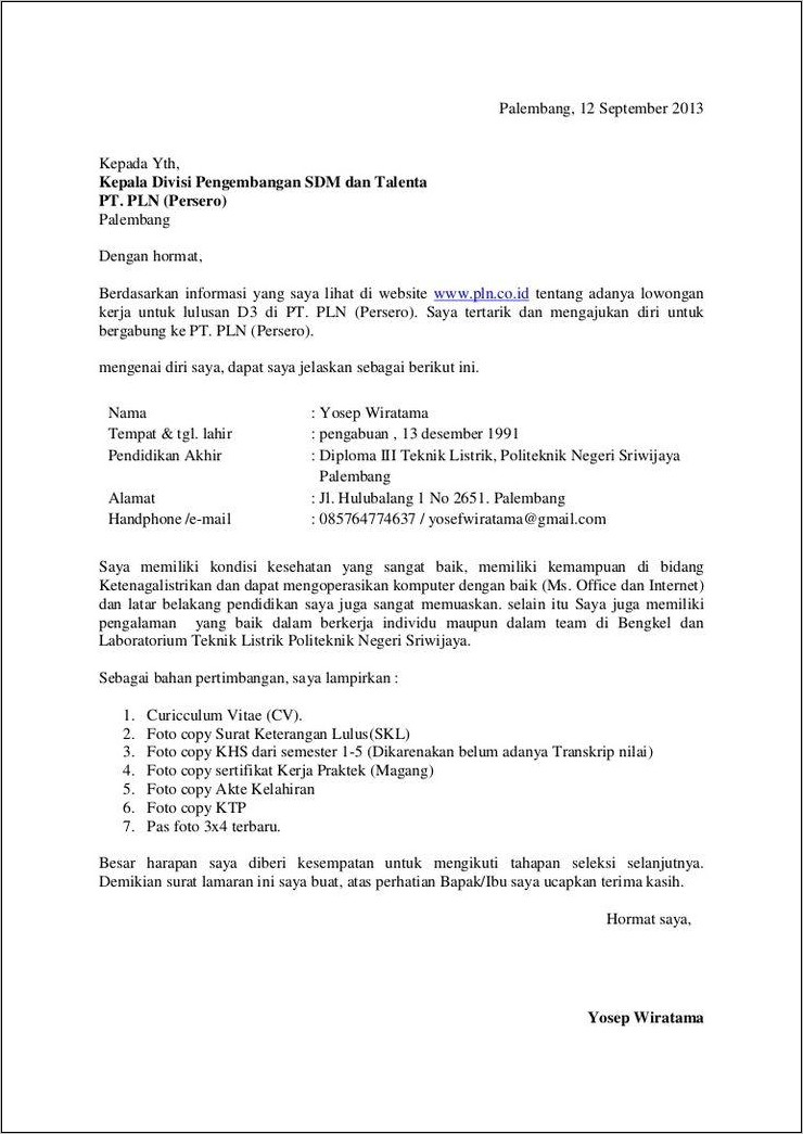 Contoh Lamaran Kerja Surat Cv