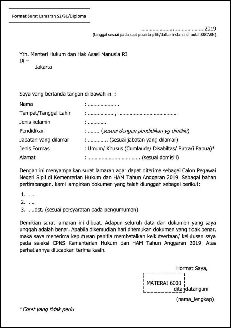 Contoh Mengisi Surat Lamaran Cpns Provinsi Lampung