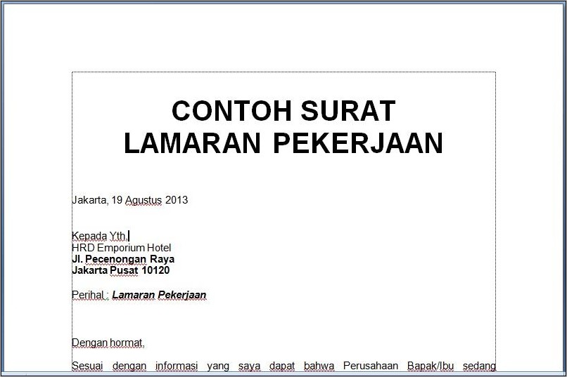 Contoh Pengirimah Surat Lamaran Pekerjaan