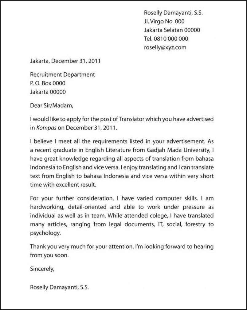 Contoh Surat Cv Lamaran Kerja Dalam Bahasa Inggris