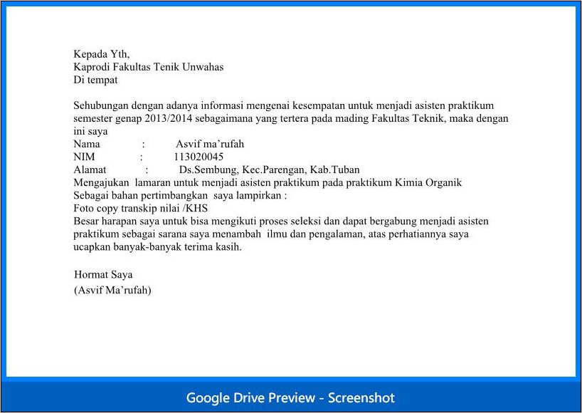 Contoh Surat Lamaran Aistsen Lab