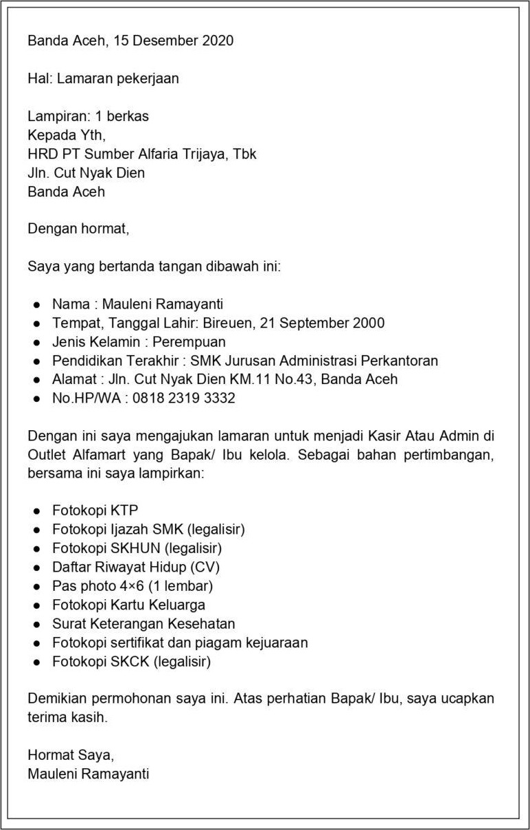 Contoh Surat Lamaran Alfamart Tanjung Morawa