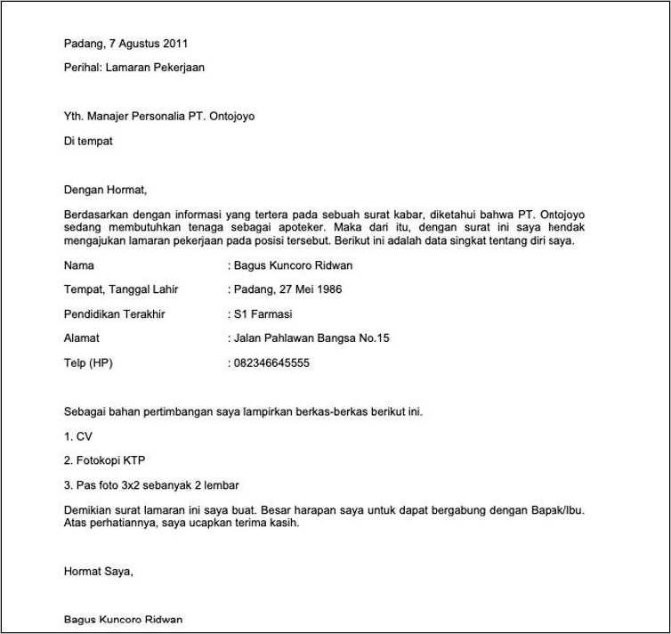 Contoh Surat Lamaran Apotekervia Email