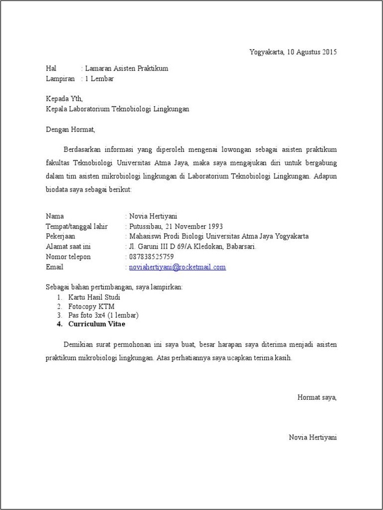 Contoh Surat Lamaran Asisten Dari Email