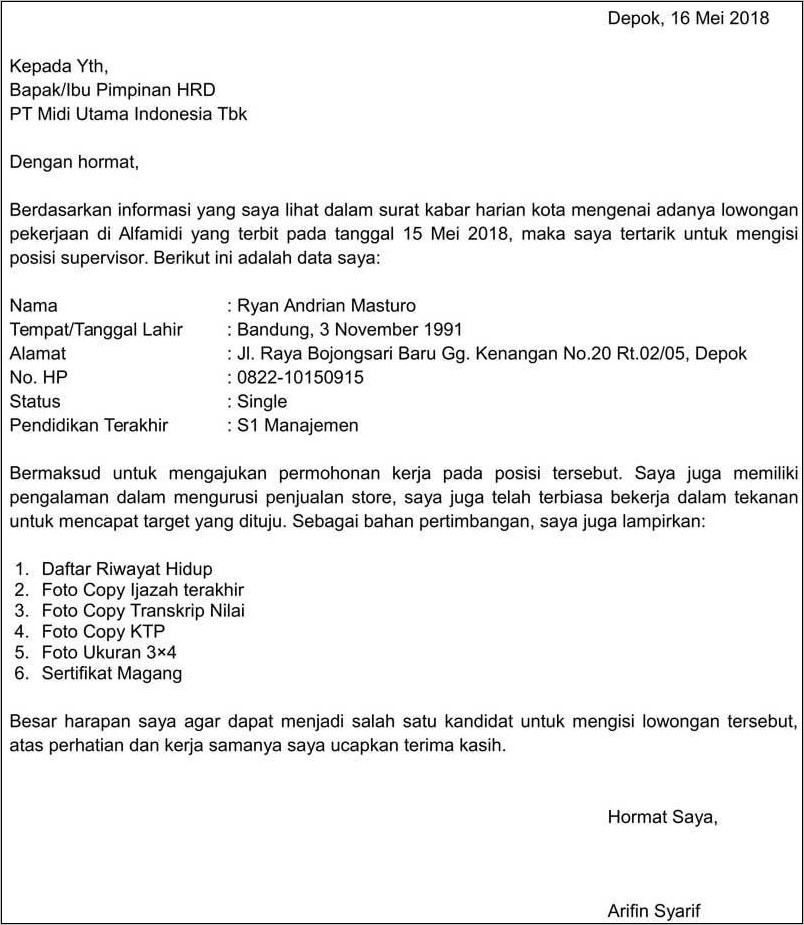 Contoh Surat Lamaran Bahasa Inggris Untutk Lion Air