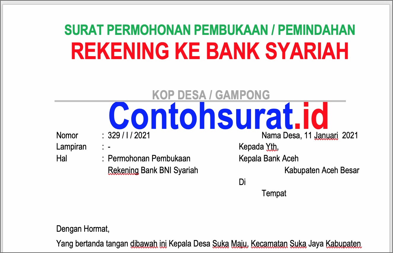 Contoh Surat Lamaran Bank Bni Syariah Banda Aceh