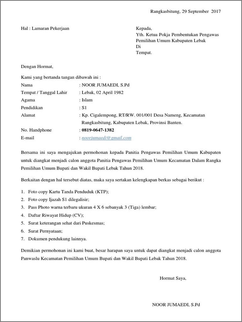 Contoh Surat Lamaran Bawaslu Ppnpns