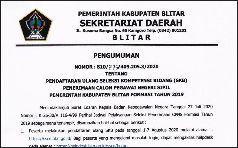 Contoh Surat Lamaran Cpns 2019 Yang Benar Pemkab Malang