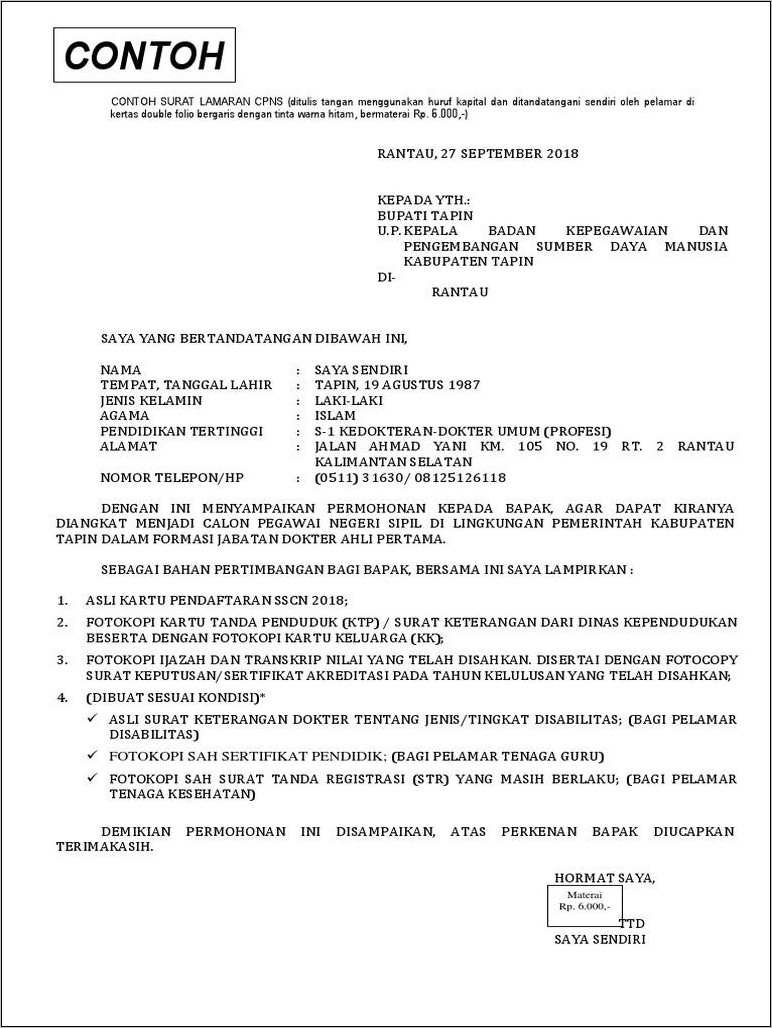 Contoh Surat Lamaran Cpns Banten Format Word Dokter Umum