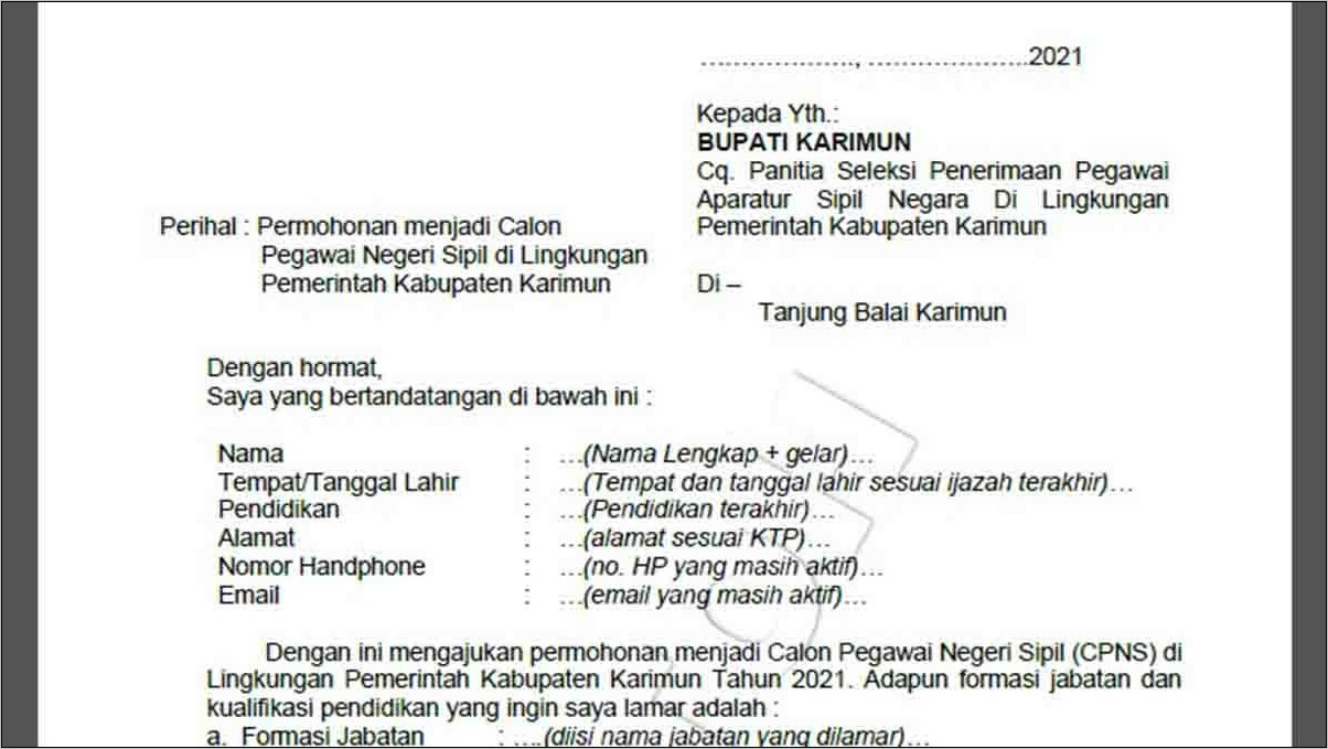 Contoh Surat Lamaran Cpns Di Sekretariat Dprd Kabupaten Bengkalis