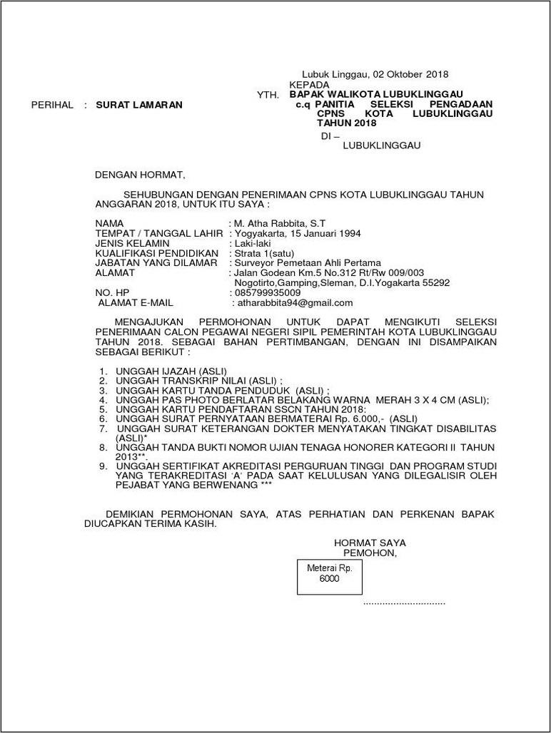 Contoh Surat Lamaran Cpns Dinas Pekerjaan Umum Yogyakarta