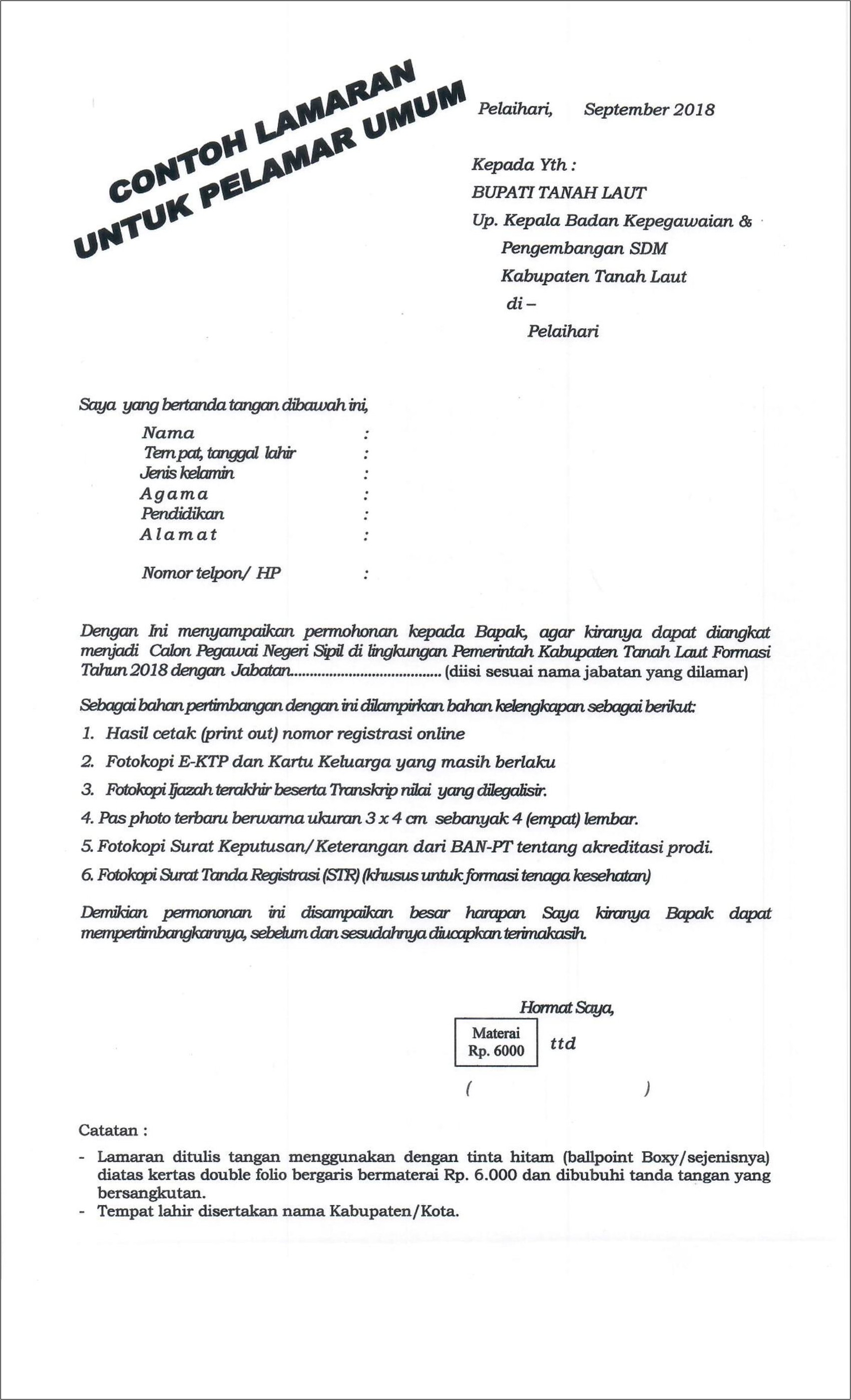 Contoh Surat Lamaran Cpns Ditulis Tangan