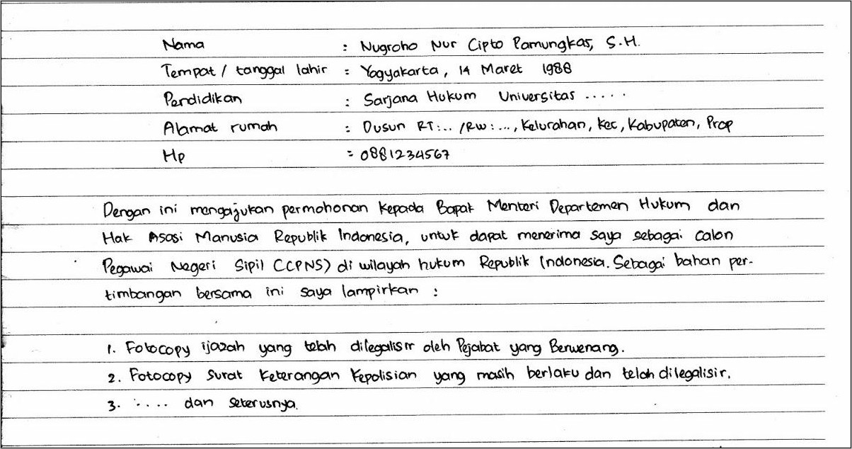 Contoh Surat Lamaran Cpns Diy