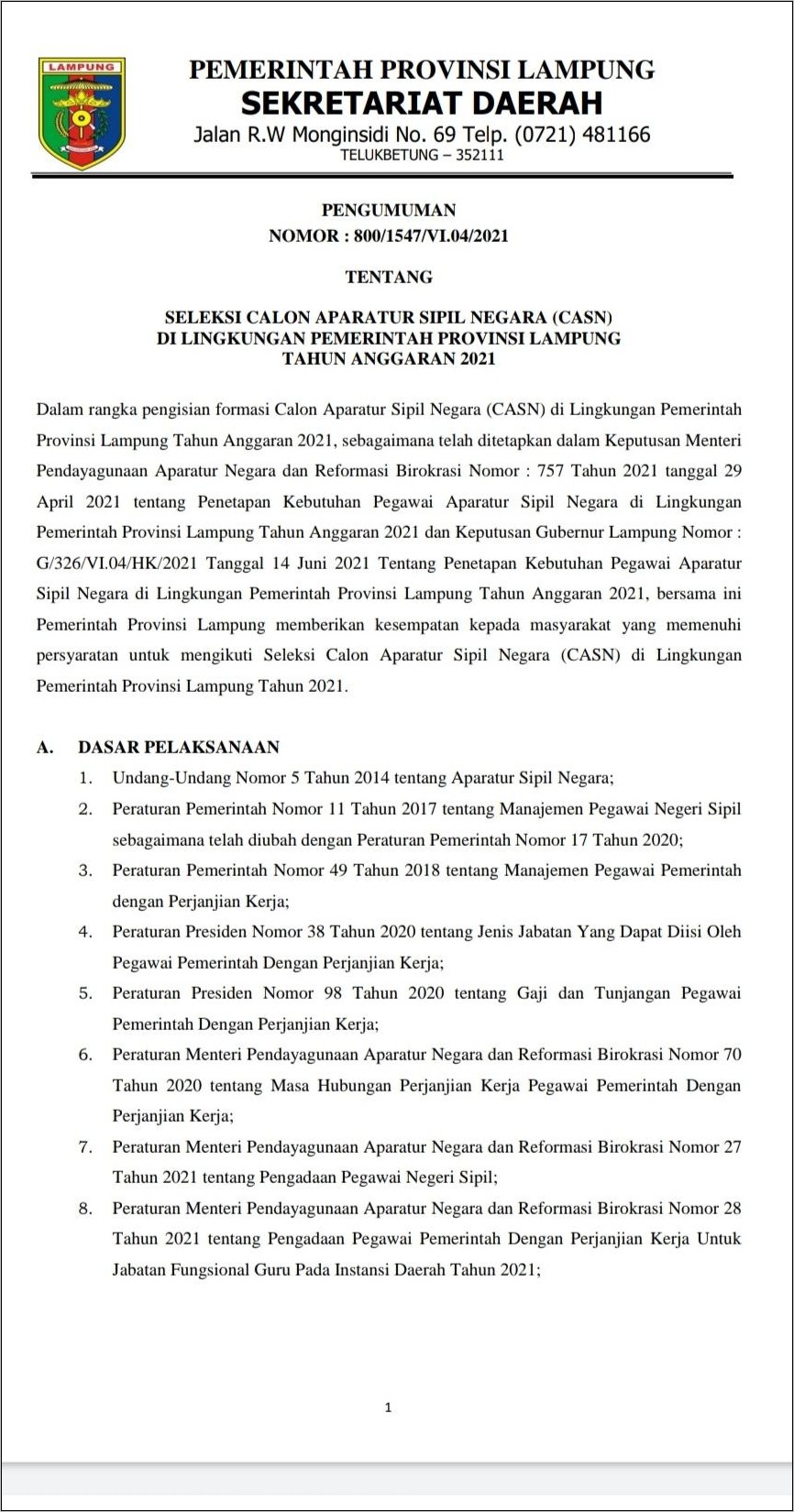 Contoh Surat Lamaran Cpns Provinsi Lampung