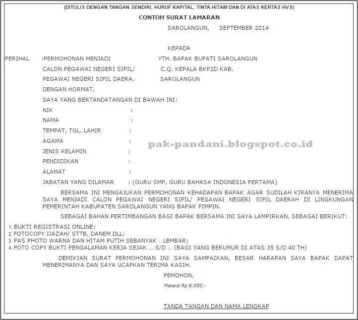 Contoh Surat Lamaran Cpns Walikota