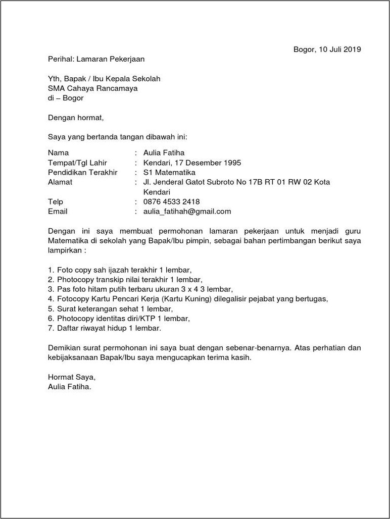 Contoh Surat Lamaran Guru Bahasa Indonesia