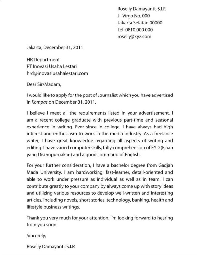 Contoh Surat Lamaran Kerja Bahasa Inggris Pendek