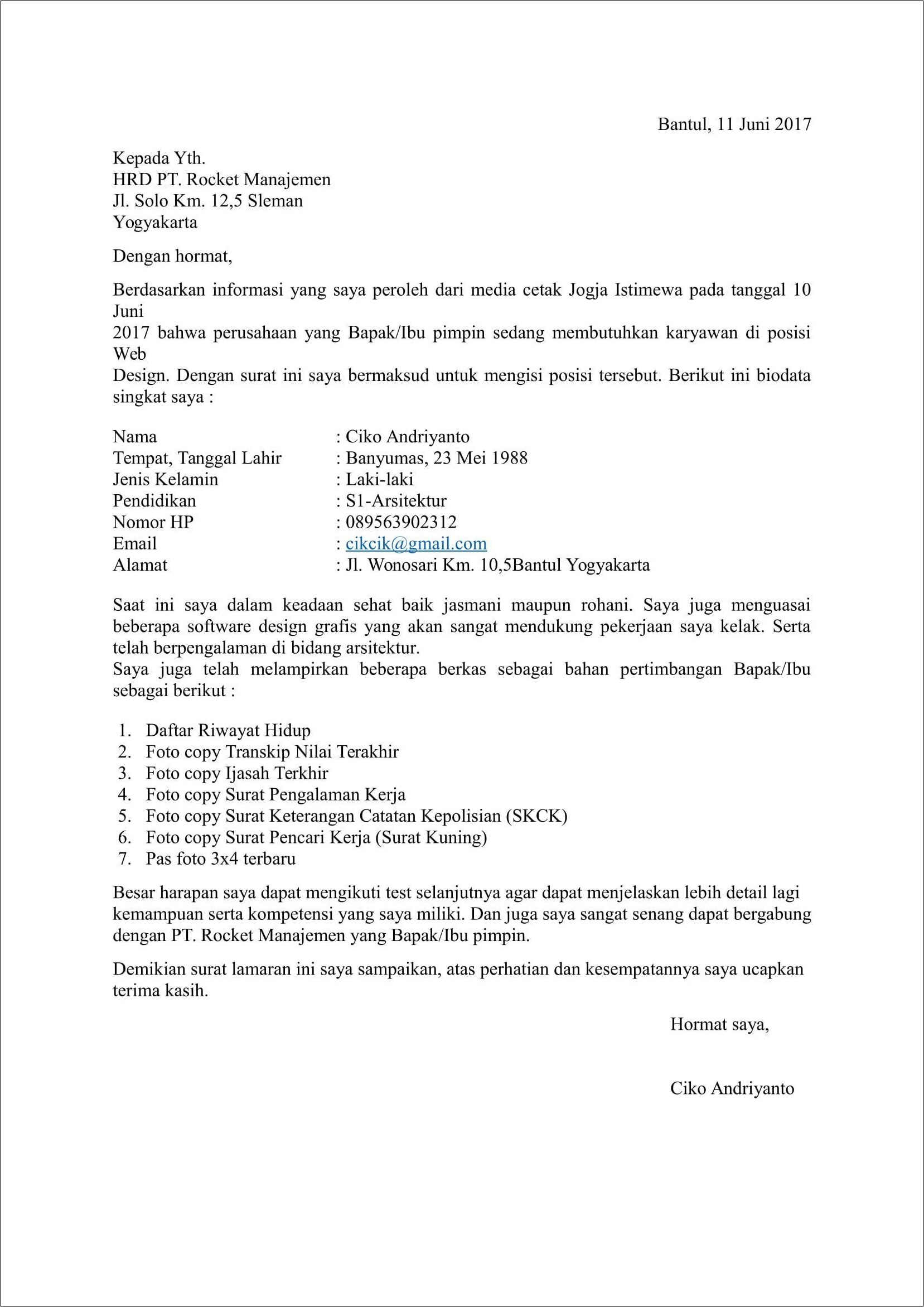 Contoh Surat Lamaran Kerja Cv Pdf