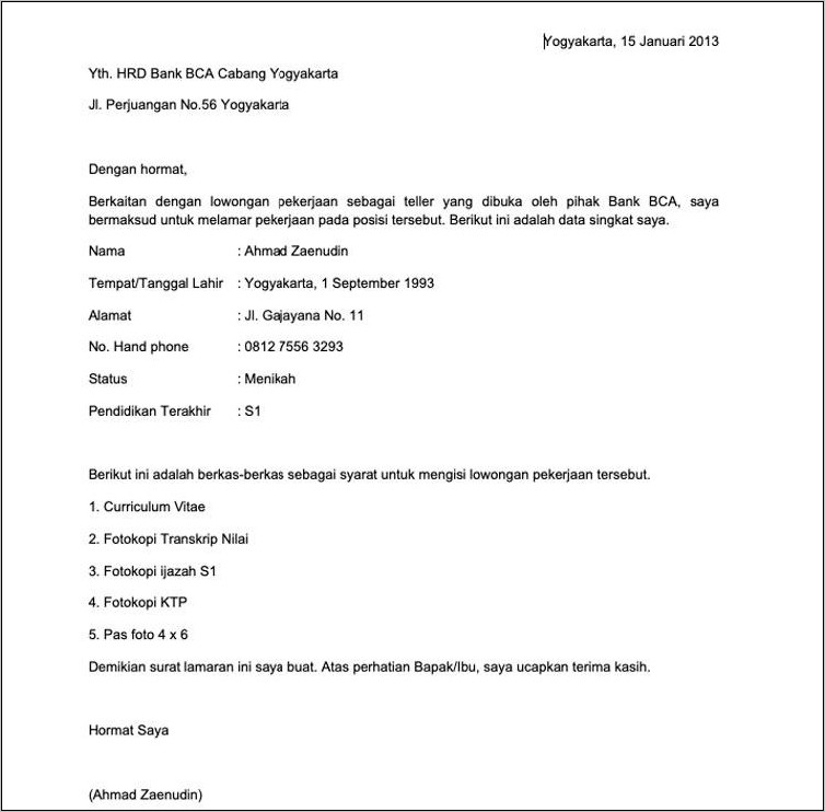 Contoh Surat Lamaran Kerja & Cv