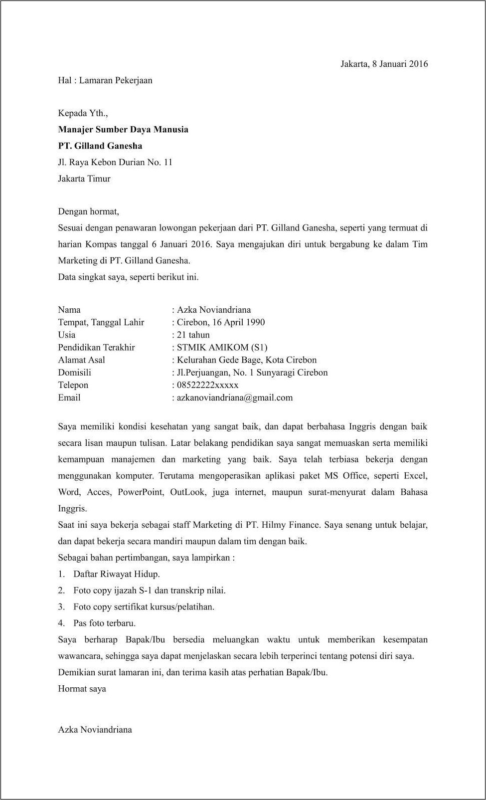 Contoh Surat Lamaran Kerja Dalam Bahasa Indonesia Yang Baik - Surat