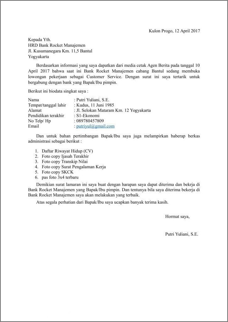 Contoh Surat Lamaran Kerja Di Bni