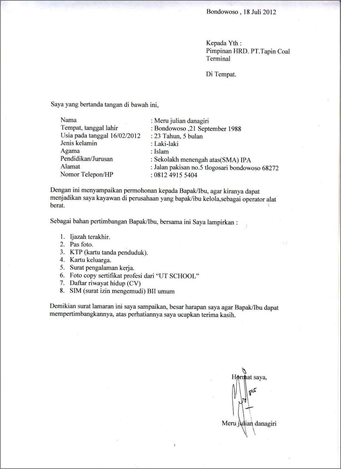 Contoh Surat Lamaran Kerja Di Cv