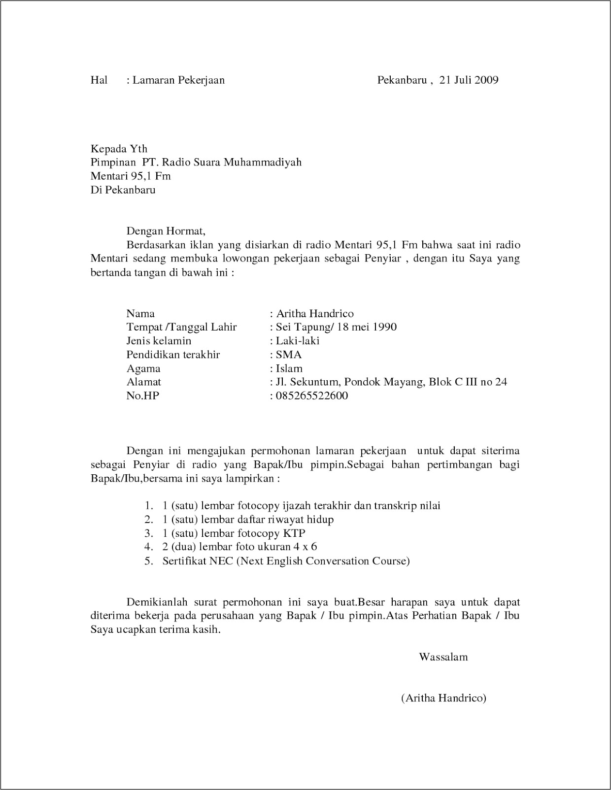 Contoh Surat Lamaran Kerja Di Indomaret Palembang