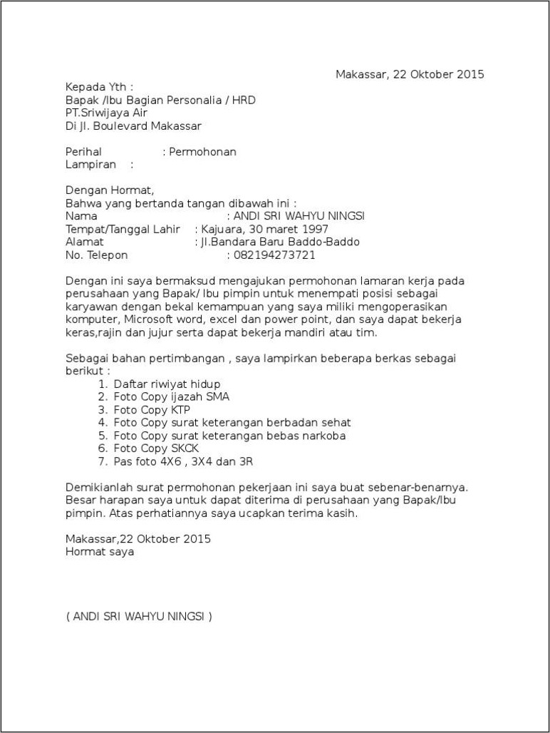 Contoh Surat Lamaran Kerja Di Lion Air