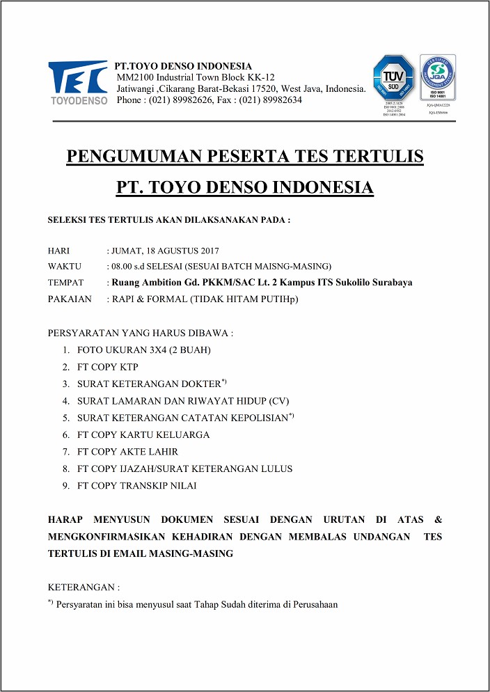 Contoh Surat Lamaran Kerja Di Pt Denso Indonesia