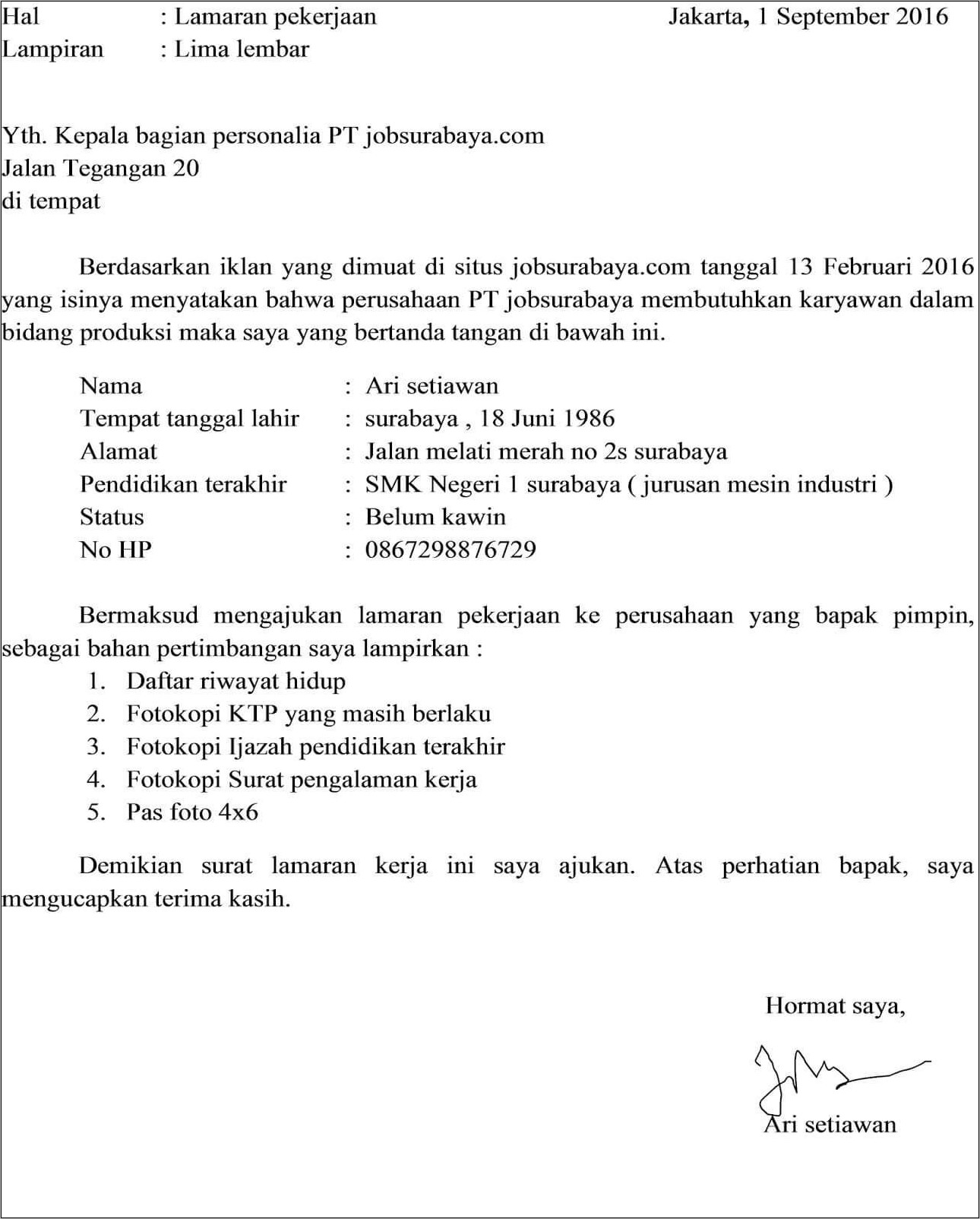 Contoh Surat Lamaran Kerja Di Pt Dua Kelinci