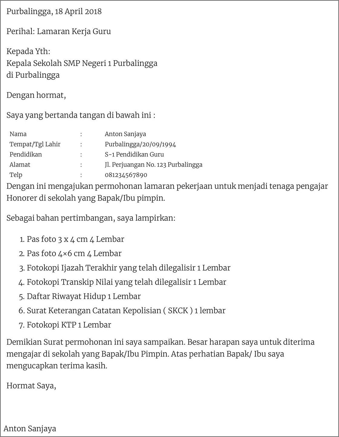 Contoh Surat Lamaran Kerja Guru Fisika