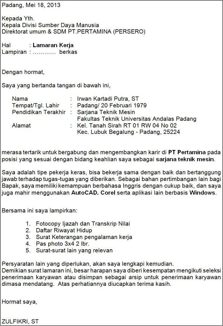 Contoh Surat Lamaran Kerja Kai