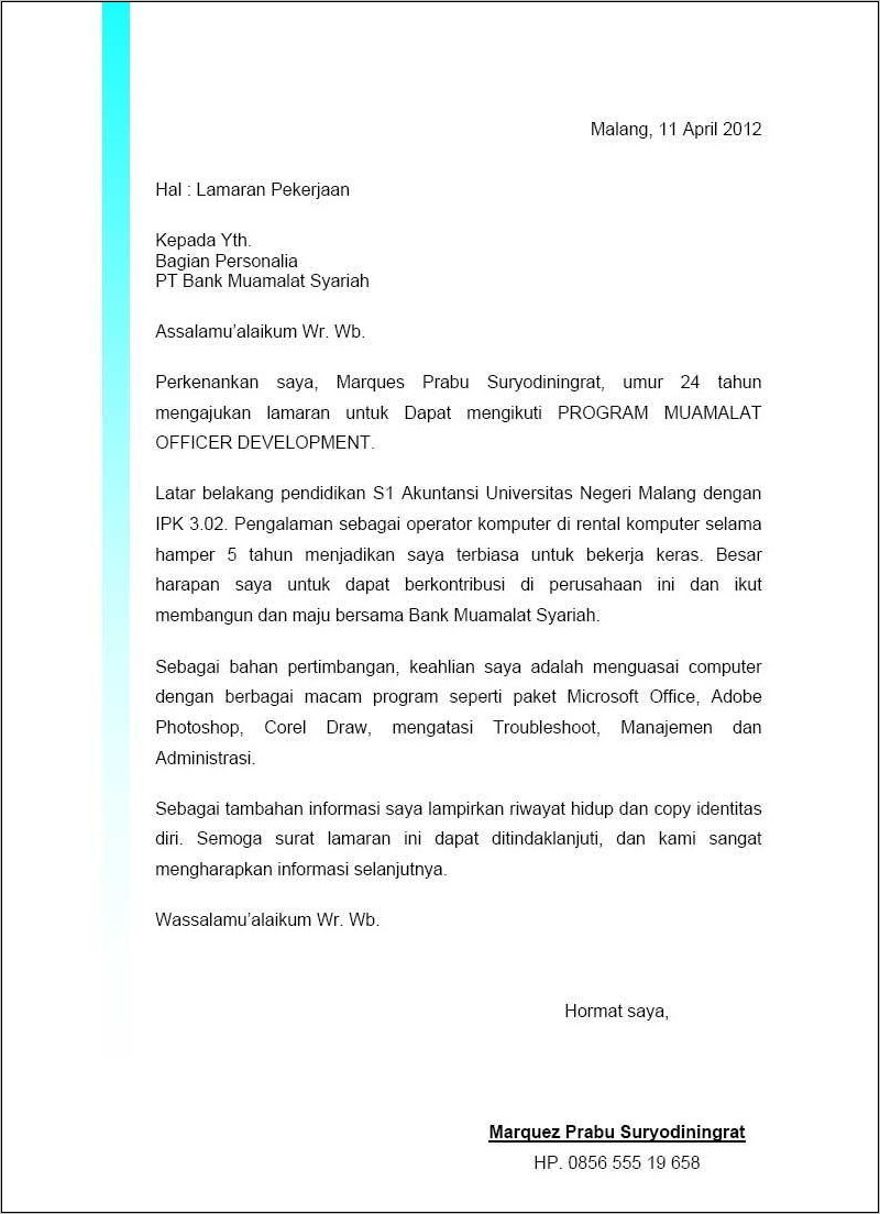 Contoh Surat Lamaran Kerja Ke Bank