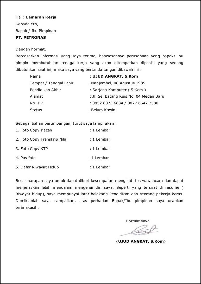 Contoh Surat Lamaran Kerja Ke Pt Inalum