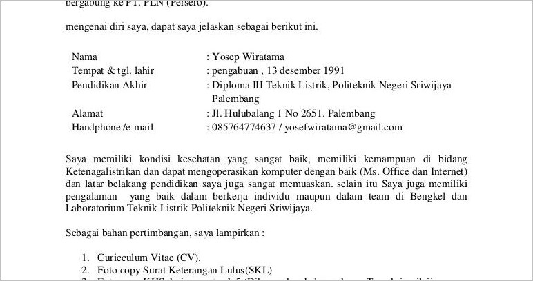 Contoh Surat Lamaran Kerja Ke Pt Pln Persero