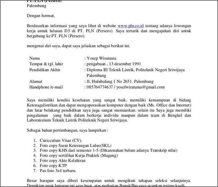 Contoh Surat Lamaran Kerja Ke Pt Pln