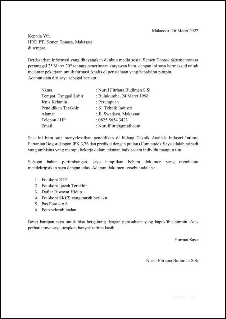 Contoh Surat Lamaran Kerja Ke Pt