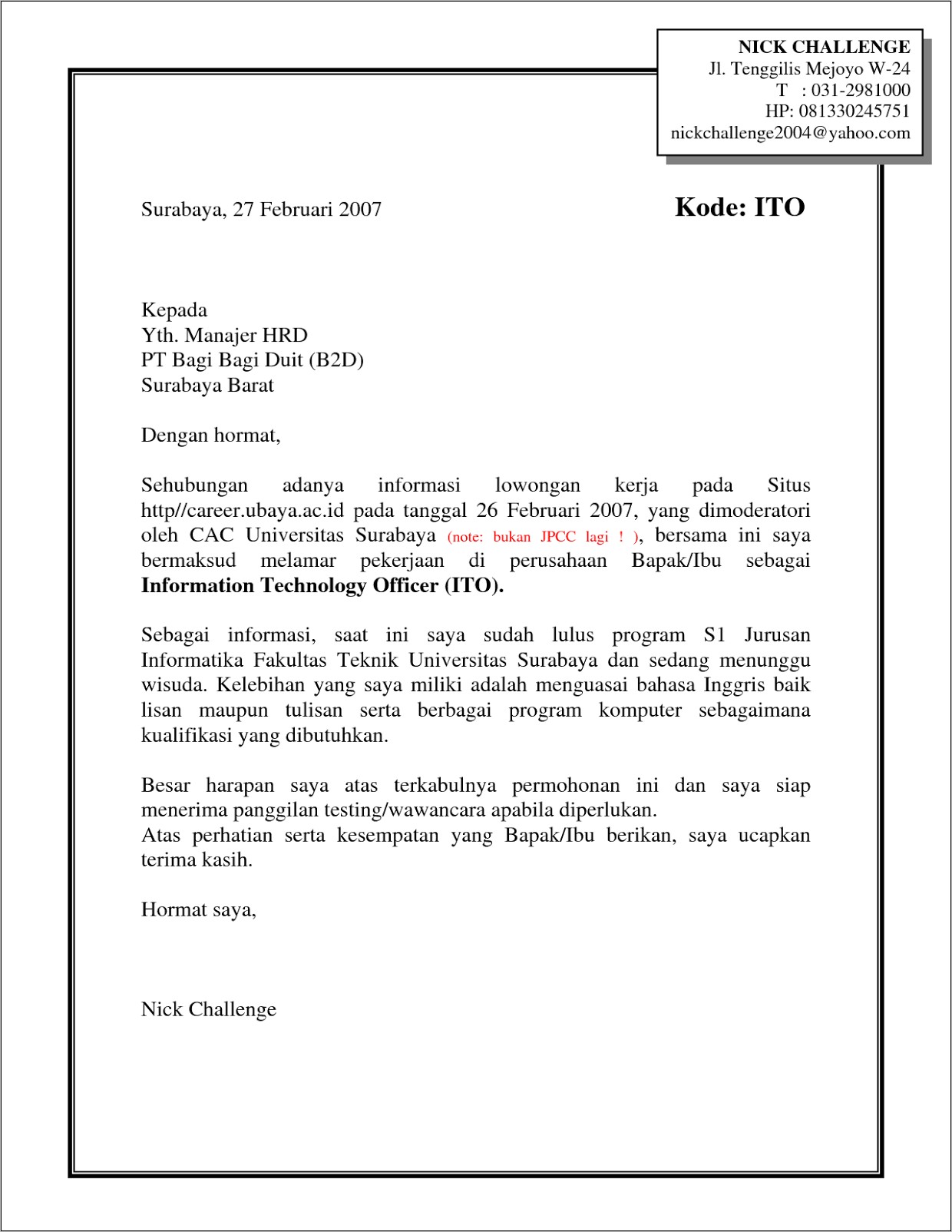 Contoh Surat Lamaran Kerja Pdf Doc