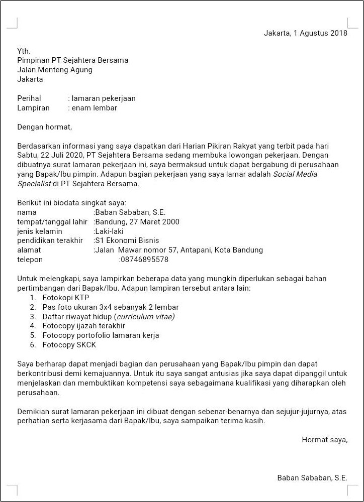 Contoh Surat Lamaran Kerja Pendidikan