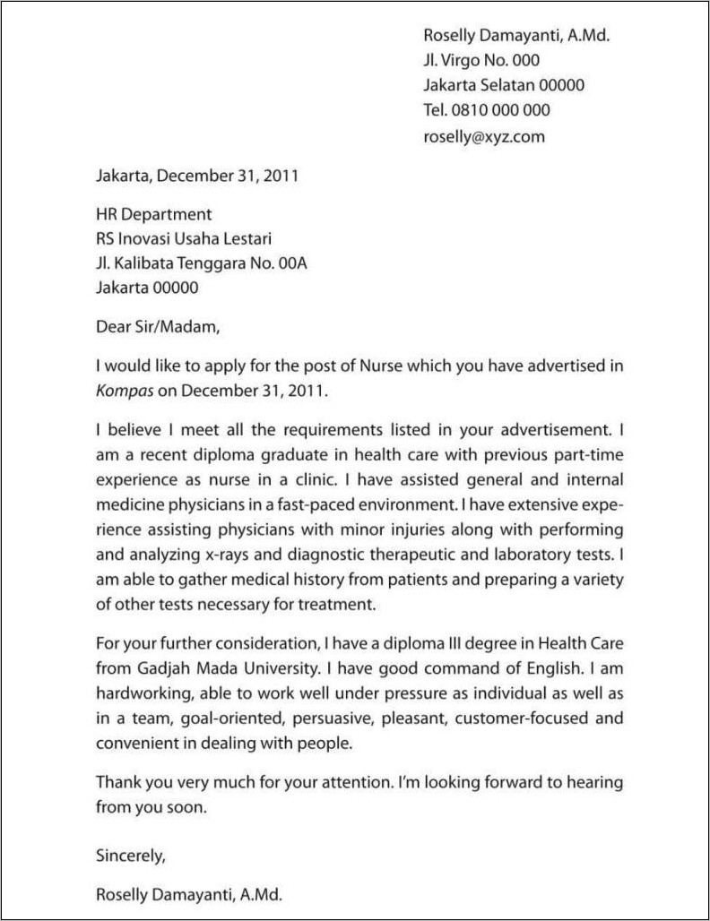 Contoh Surat Lamaran Kerja Perawat Di Rumah Sakit Doc