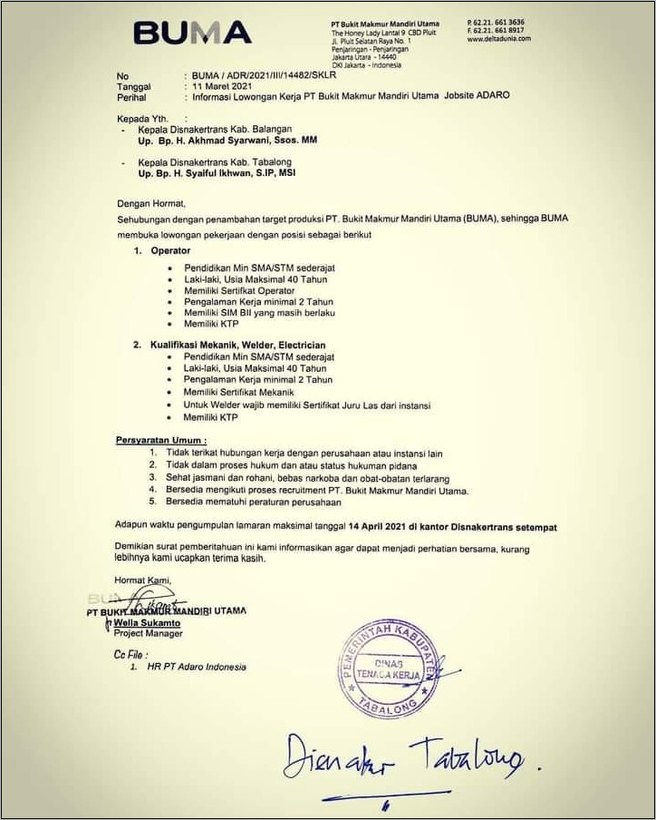 Contoh Surat Lamaran Kerja Pt Buma