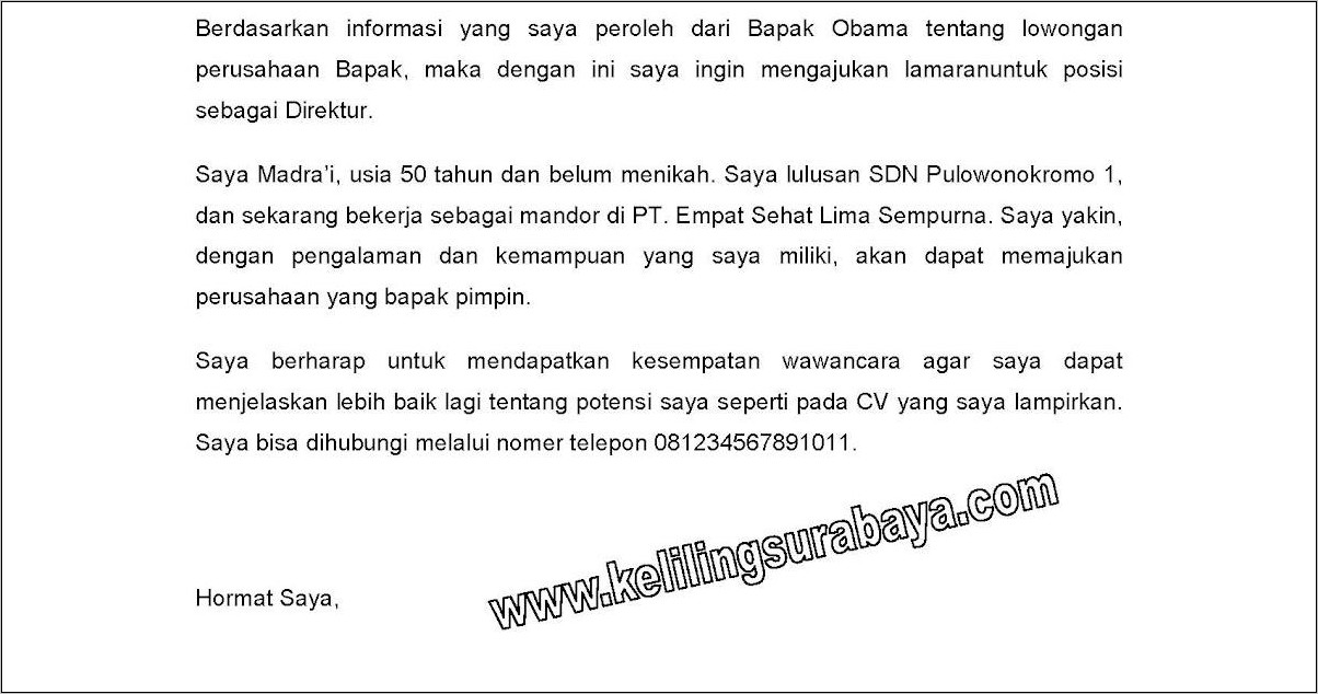 Contoh Surat Lamaran Kerja Pt Chang Shin