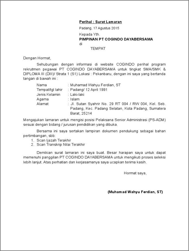 Contoh Surat Lamaran Kerja Pt Cogindo