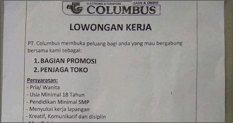 Contoh Surat Lamaran Kerja Pt Columbus